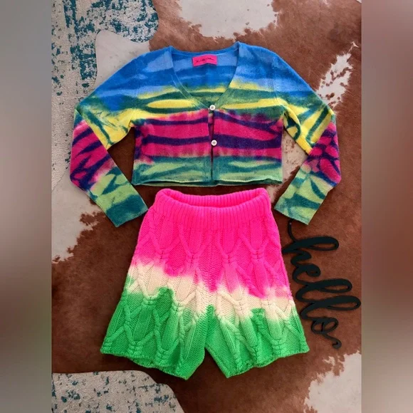 The Elder Statesman Cashmere Set Frank Cardigan and Dip Dye Chunky Cable Shorts - Picture 2 of 15